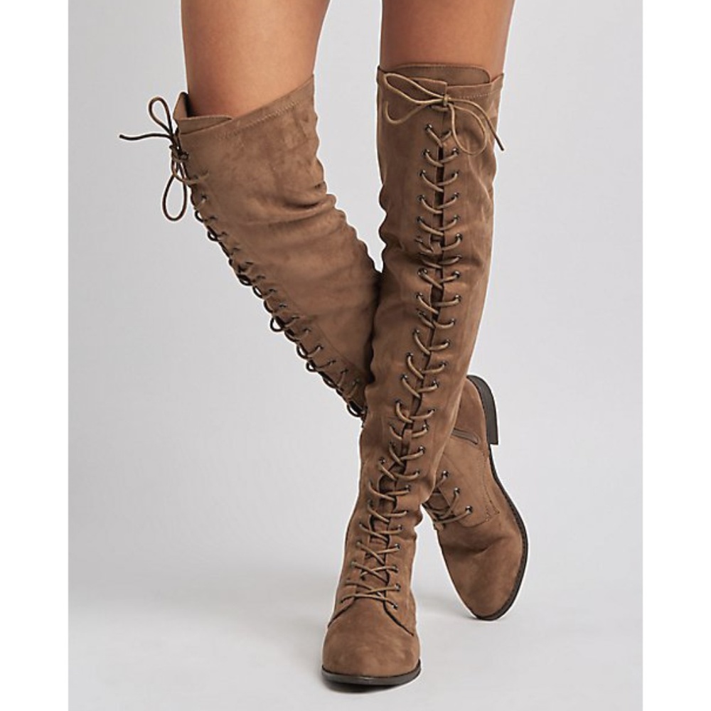 Lace Up Over the Knee Taupe Suede Tall Boots